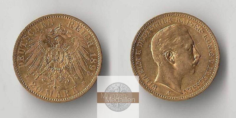 Preussen, Kaiserreich  20 Mark MM-Frankfurt Feingold: 7,17g Wilhelm II. 1895 A 