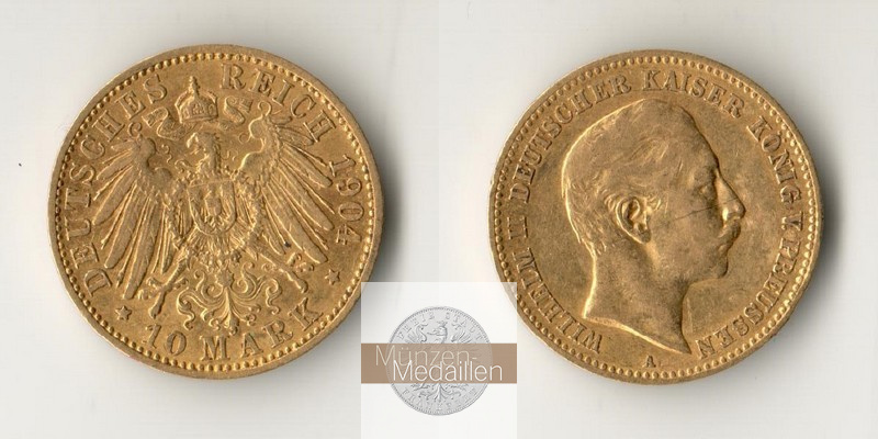 Preussen, Kaiserreich  10 Mark MM-Frankfurt Feingold: 3,58g Wilhelm II. 1888-1918 1904 A 