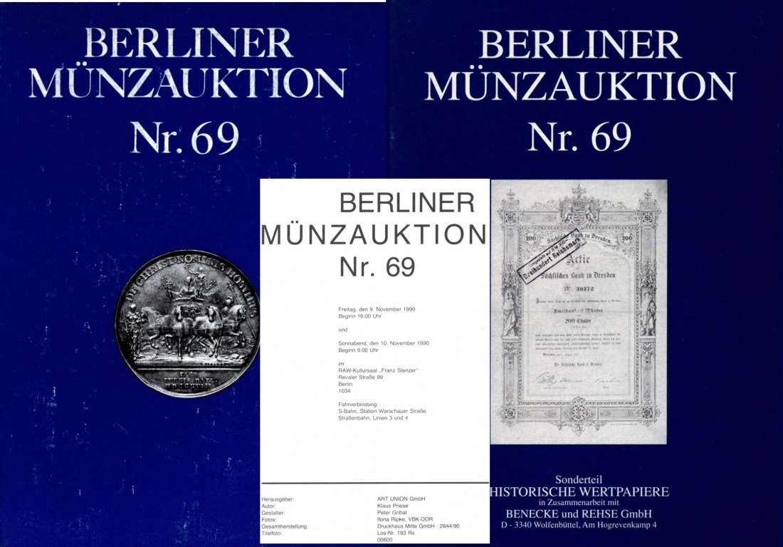  Berliner Münzauktion Hrg. ART UNION GmbH (BERLIN)  Auktion 69 (1990) Münzen ,Medaillen ,Wertpapiere   