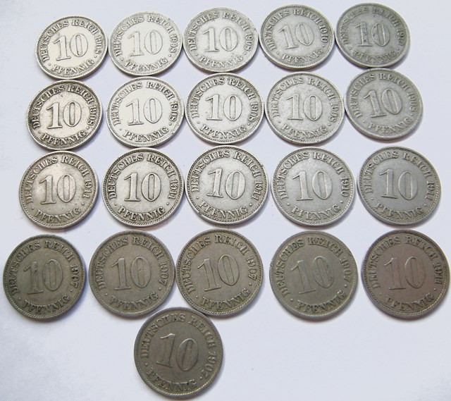  Kaiserreich , 21 x 10 Pfennig, großer Adler, 1907-1911   