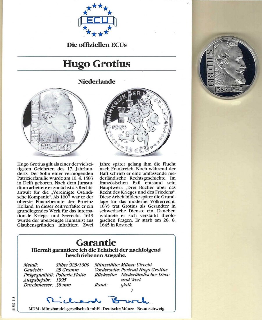  Niederlande 25 Ecu 1995 Grotius 925 Silber Münzen PP GoldenGate Koblenz Frank Maurer V 010   