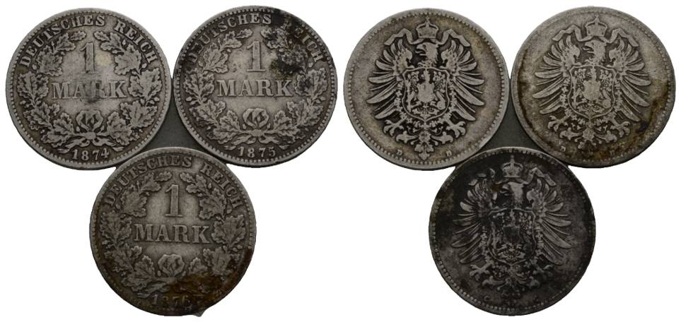  Kaiserreich; 1 Mark; 3 Kleinmünzen 1874/1875/1876   