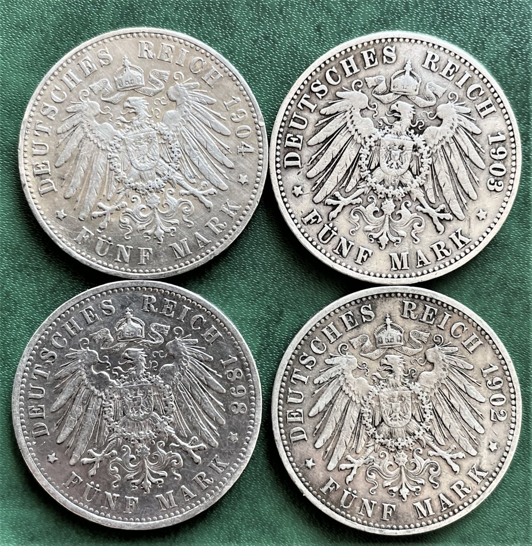  Lot 4x 5 Mark Wilhelm II (1898A, 1902,03,04A) Silber 100 Gramm fein   