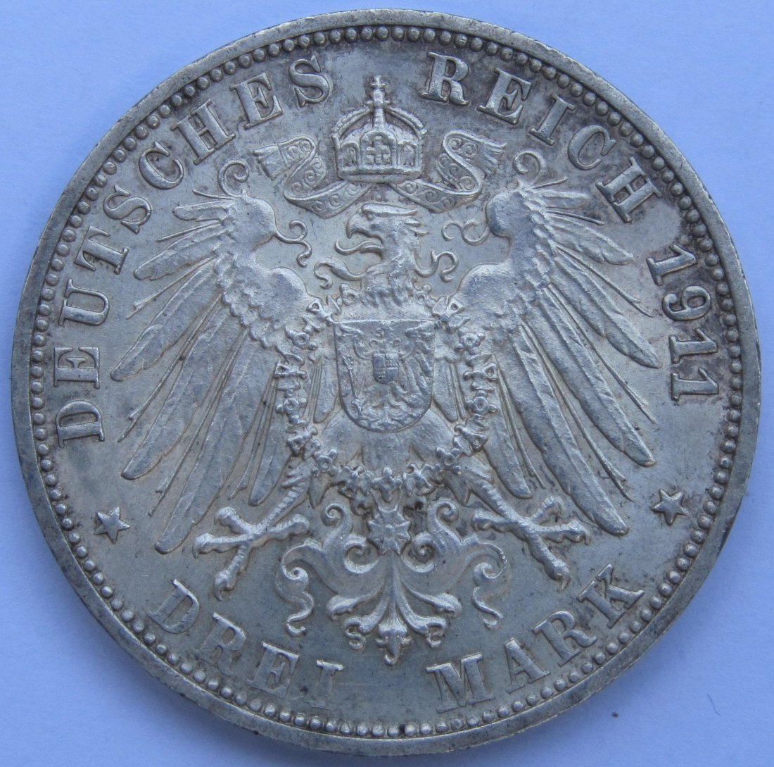  Kaiserreich: Württemberg, 3 Mark Silberne Hochzeit 1911 (Jaeger 177)   