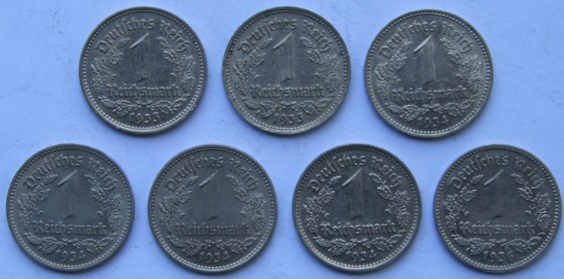  Deutsches Reich: 1 Mark Nickel, sieben verschiedene Jahrgänge   