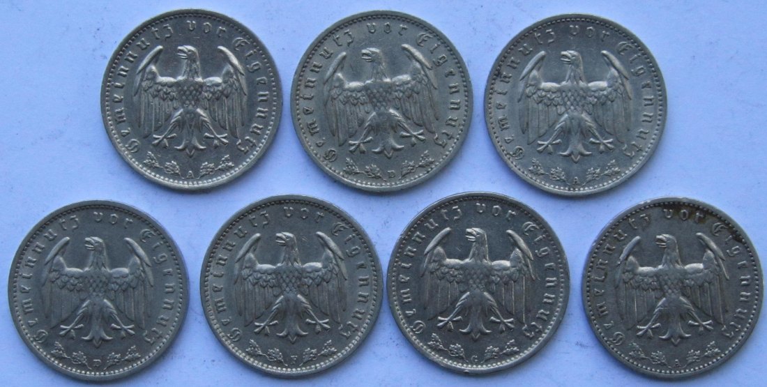  Deutsches Reich: 1 Mark Nickel, sieben verschiedene Jahrgänge   