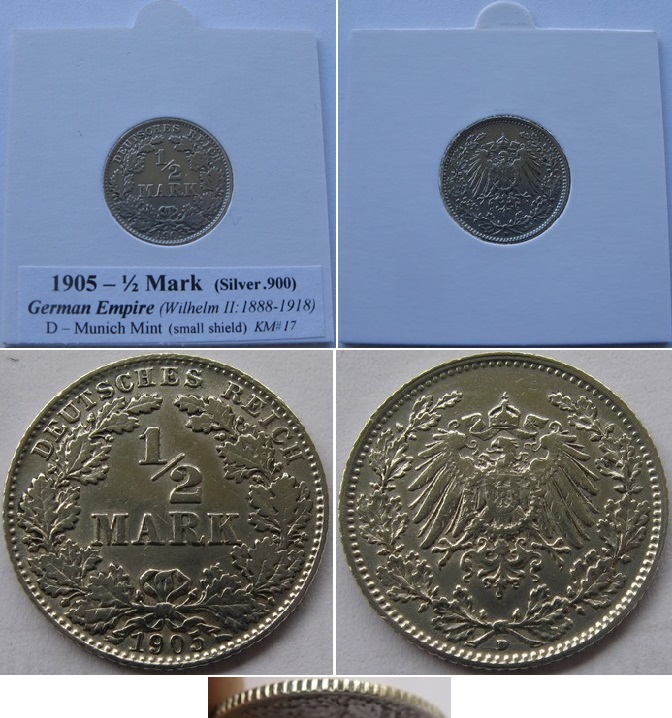  1905, German Empire, ½ Mark, D, silver coin (type 2 - small shield)   