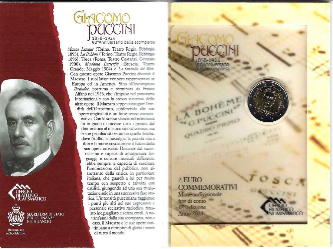  San Marino 2 Euro Gedenkmünze Giacomo Puccini 2014 Frank Maurer Koblenz AF755   