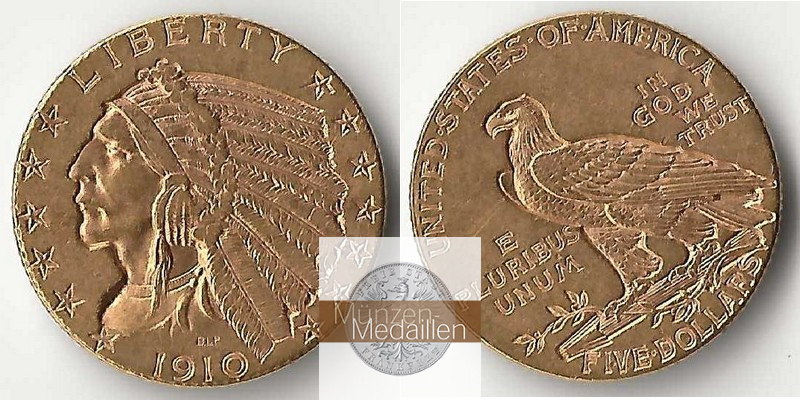 USA  5 Dollar MM-Frankfurt   Feingold: 7,52g Half Eagle 1910 D 
