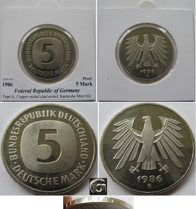  1986, Deutschland, 5 Mark (G), Polierte Platte (Typ A)   