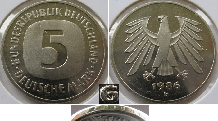  1986, Deutschland, 5 Mark (G), Polierte Platte (Typ A)   