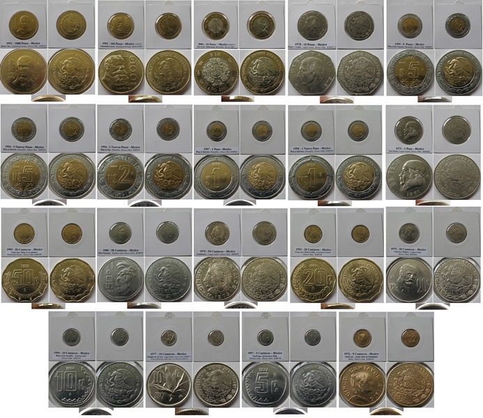  1971-2001, Mexiko, ein Satz 19 Münzen in Münzrähmchen (von 5 Centavos bis 1000 Pesos)   