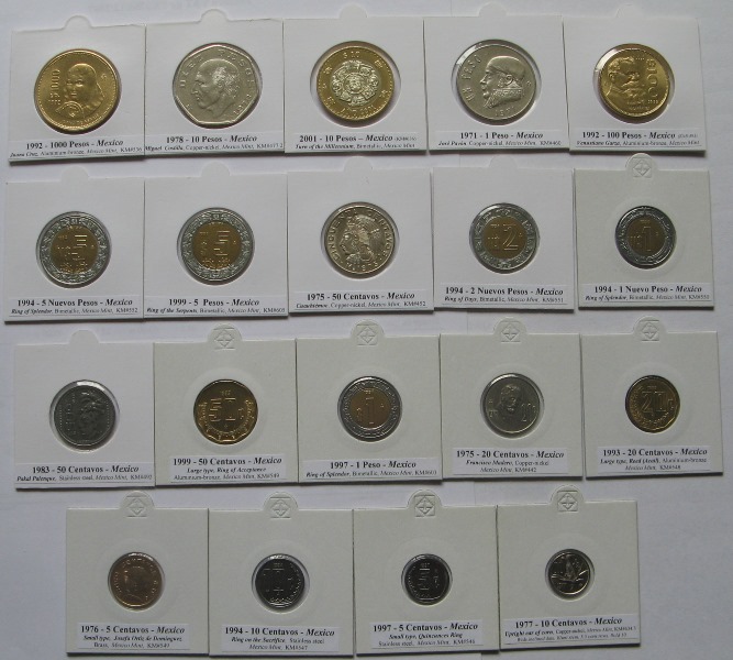  1971-2001, Mexico, a set 19 pcs coins in holders (from 5 Centavos to 1000 Pesos)   