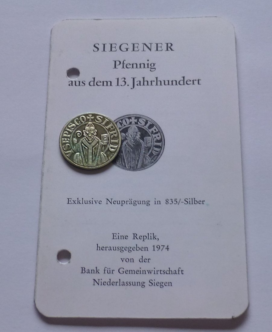  Siegener Pfennig aus dem 13.Jahrhundert (Neuprägung 1974), Silver - Not Original   
