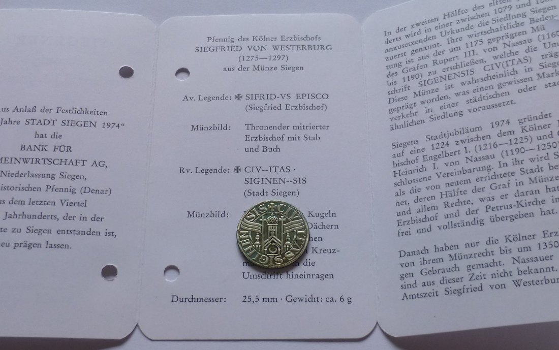 Siegener Pfennig aus dem 13.Jahrhundert (Neuprägung 1974), Silver - Not Original   