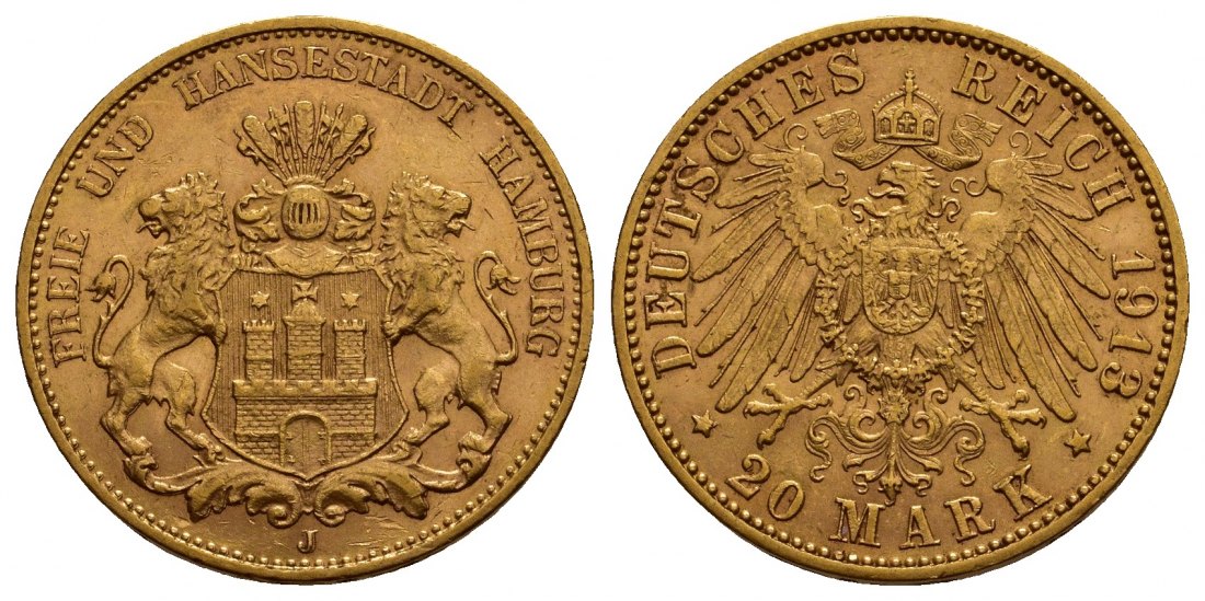 PEUS 9745 Hamburg - Kaiserreich 7,16 g Feingold. Stadtwappen 20 Mark GOLD 1913 J Kl. Kratzer, fast Vorzüglich