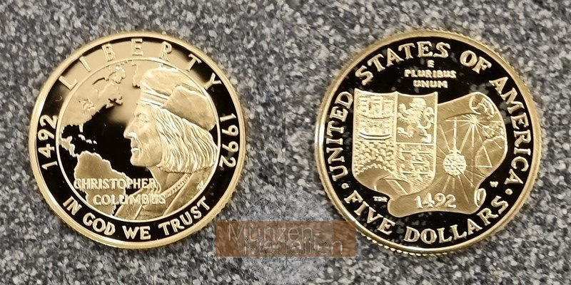 USA  5 Dollars   1992 MM-Frankfurt  Feingold: 7,52g The Columbus Quincentenary Coins  