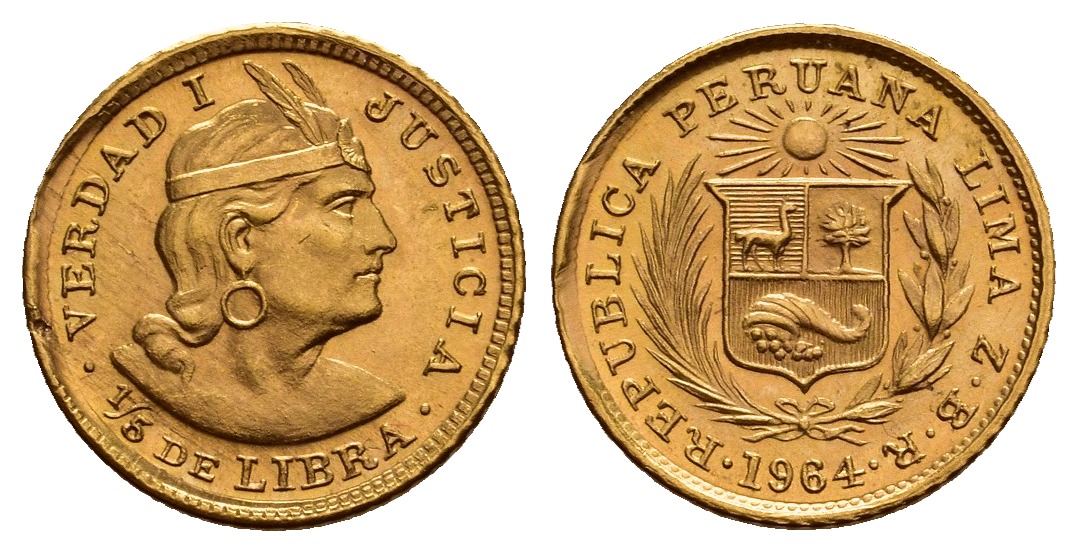 PEUS V 9769 Peru 1,47 g Feingold. 1/5 Libra (Pound) GOLD 1964 ZBR Randfehler, Stempelglanz