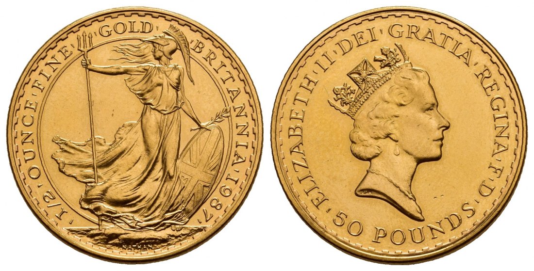PEUS V 9773 Grossbritannien 15,55 g Feingold. Britannia 50 Pounds GOLD 1/2 Unze 1987 Impaired Proof / Vorzüglich aus PP