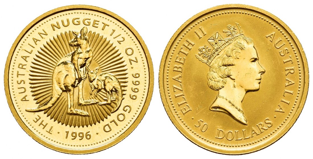 PEUS V 9797 Australien 15,55 g Feingold. Zwei Kängurus 50 Dollars GOLD 1/2 Unze 1996 Almost Uncirculated