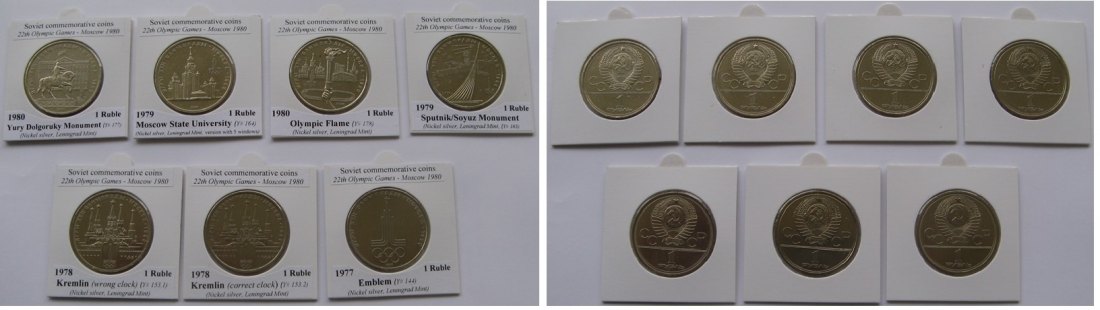  1980, UdSSR, Olympische Spiele Moskau, Münzserie-7 Stk. 1 Rubel Münzen   