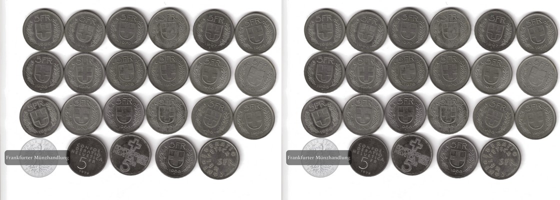  Schweiz, 22 x 5 Franken ver. Jahrgänge Gedenk- und Kursmünzen CuNi FM-Frankfurt Nominal 110 Sfr.   