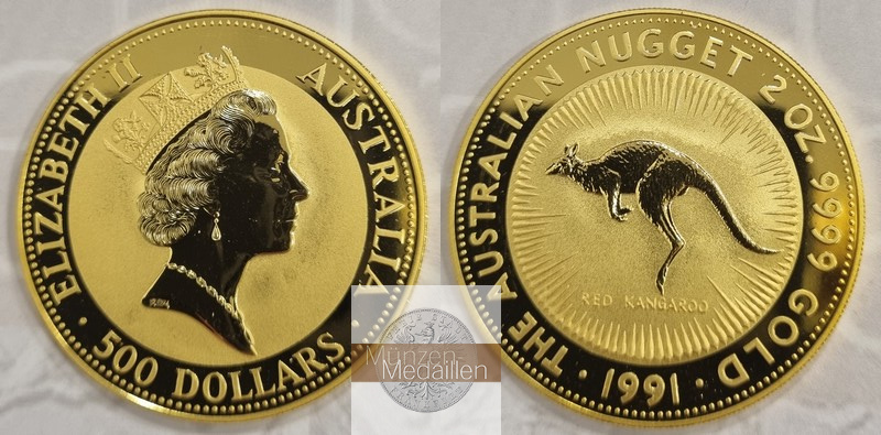 Australien  500 Dollar MM-Frankfurt Feingold: 62,22 g Red Kangaroo 2 Unzen 1991 