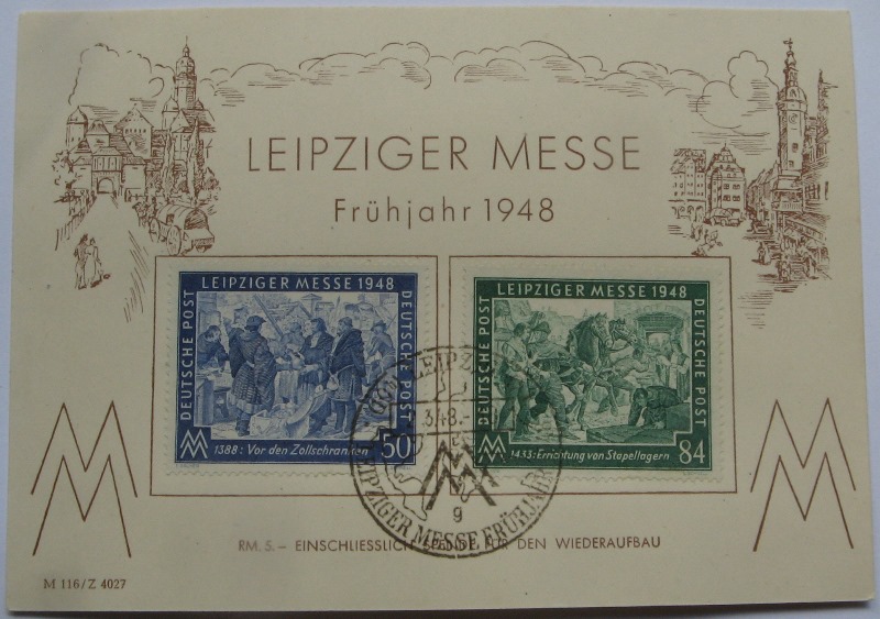  1948, Deutschland,Alliierte Besetzung, Gedenkblatt: 450 Jahre Messe-Privileg für Leipzig   
