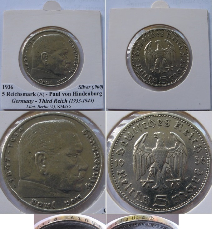  1936, Deutschland-Drittes Reich, 5 Reichsmark (A), Silbermünze, P. Hindenburg   