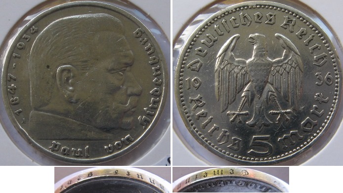  1936, Deutschland-Drittes Reich, 5 Reichsmark (A), Silbermünze, P. Hindenburg   