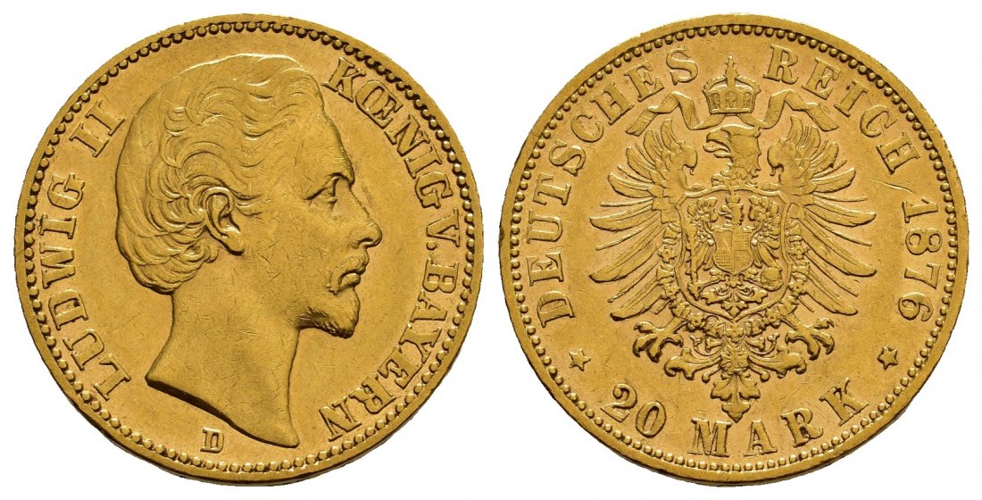 PEUS 1045 Kaiserreich - Bayern 7,16 g Feingold. Ludwig II. (1864 - 1886) 20 Mark GOLD 1876 D München Sehr schön