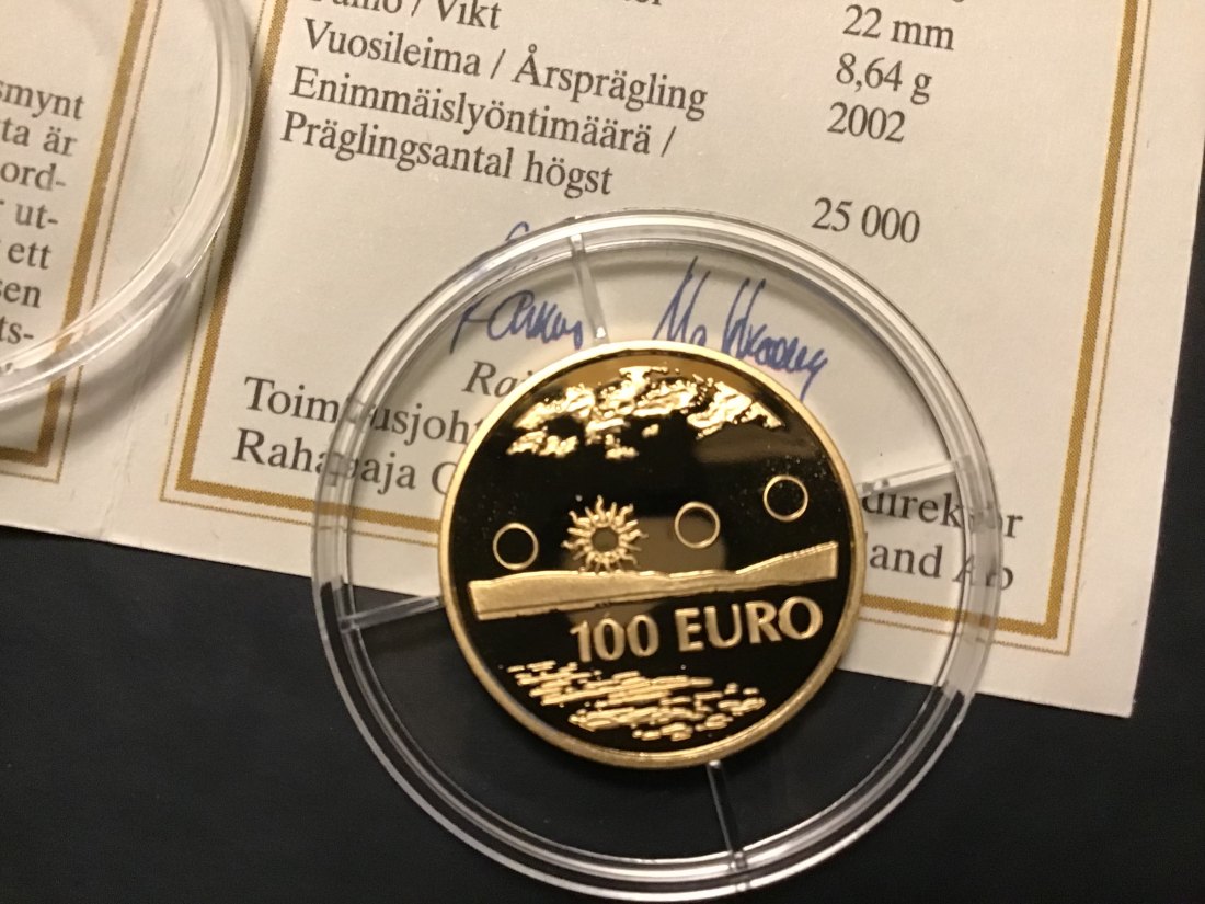  Finland 100 Euro 2002 Lappland Midnight Sun proof gold coa   