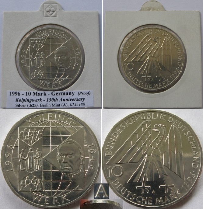  1996,Germany, 10 Mark (A):Kolpingwerk,silver coin,proof   