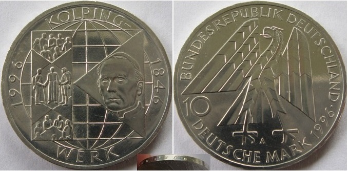  1996,Germany, 10 Mark (A):Kolpingwerk,silver coin,proof   