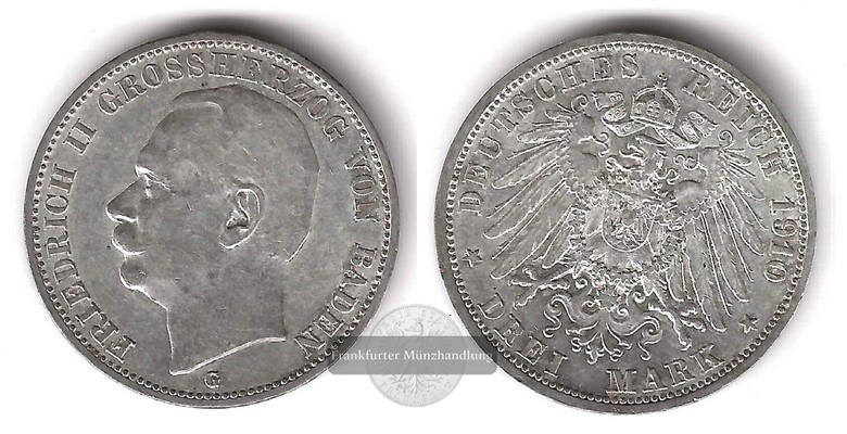  Deutsches Kaiserreich. Baden, Friedrich II.  3 Mark  1910 G  FM-Frankfurt  Feinsilber: 15g   