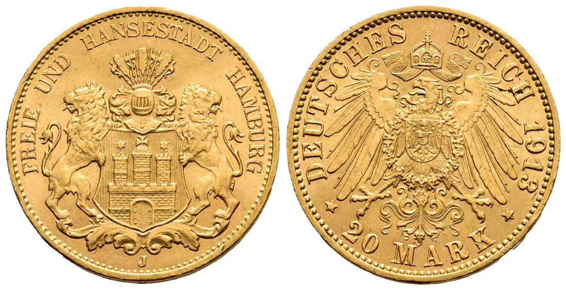 PEUS 1420 Hamburg - Kaiserreich 7,16 g Feingold. Stadtwappen 20 Mark GOLD 1913 J Vorzüglich +