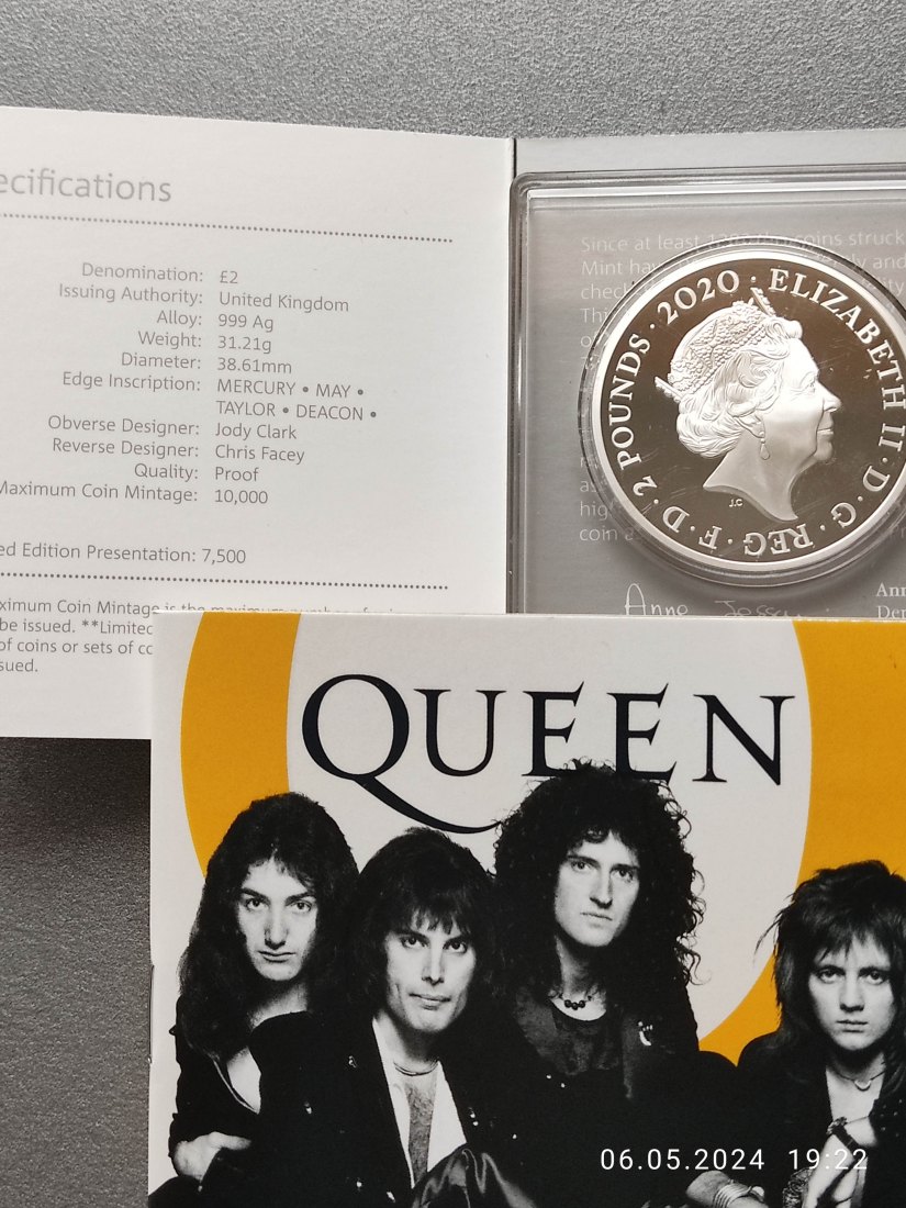  Großbritannien 1 Oz Ag 2020 proof with Au Music Pop Legends Queen 1.Ausgabe   