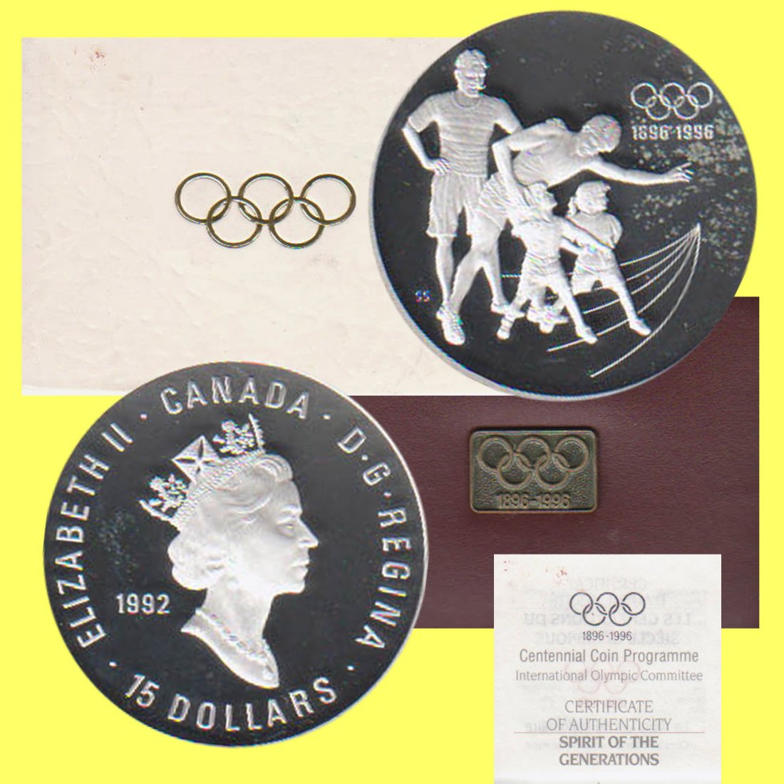  Kanada 15$-Silbermünze *Generationen - 100 Jahre Olympische Spiele der Neuzeit* 1992 *PP*   