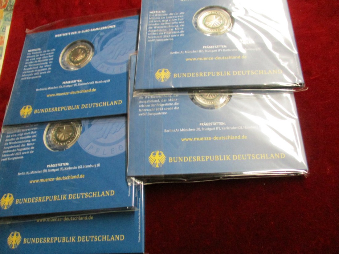  Deutschland - 5 x 10 EUR Pflege 2022 - Komplettsatz Spiegelglanz / MH8   
