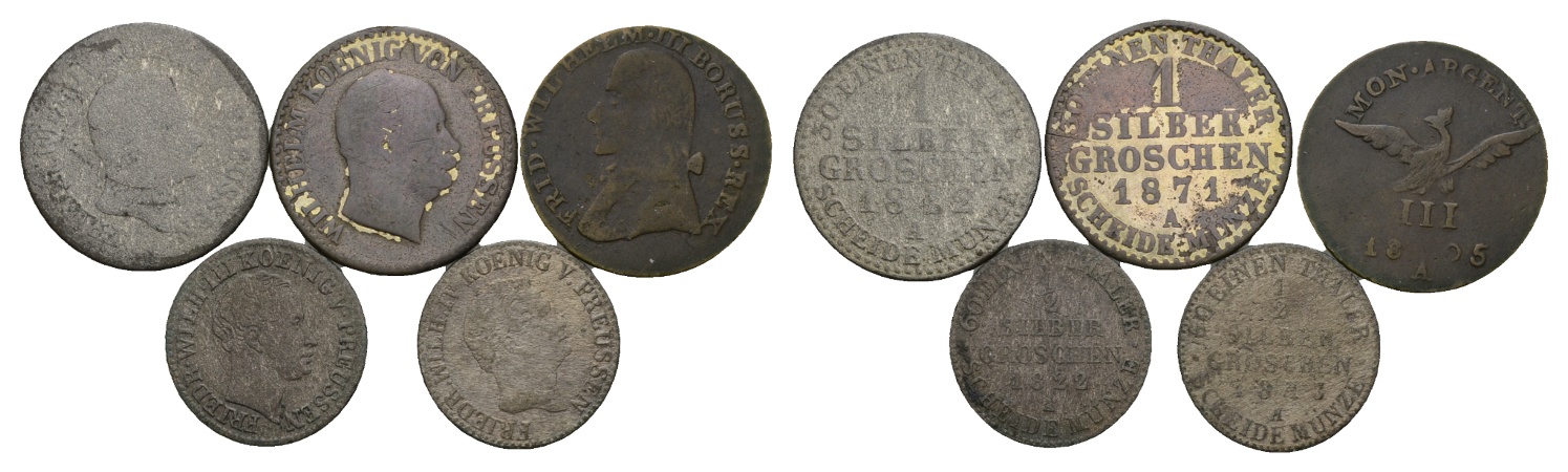  Altdeutschland; 5 Kleinmünzen 1842/1871/1805/1822/1843   