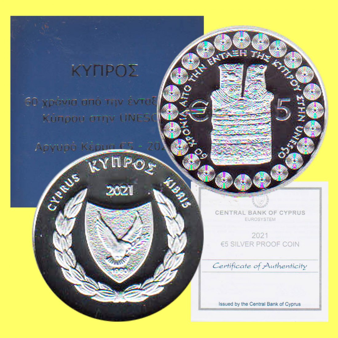  5€-Silbermünze Zypern *60 Jahre Beitritt Zyperns zur UNESCO* 2021 *PP* nur 2.000St!   