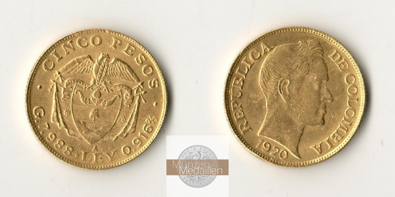 Kolumbien Feingold: 7,32g 5 Pesos 1920 