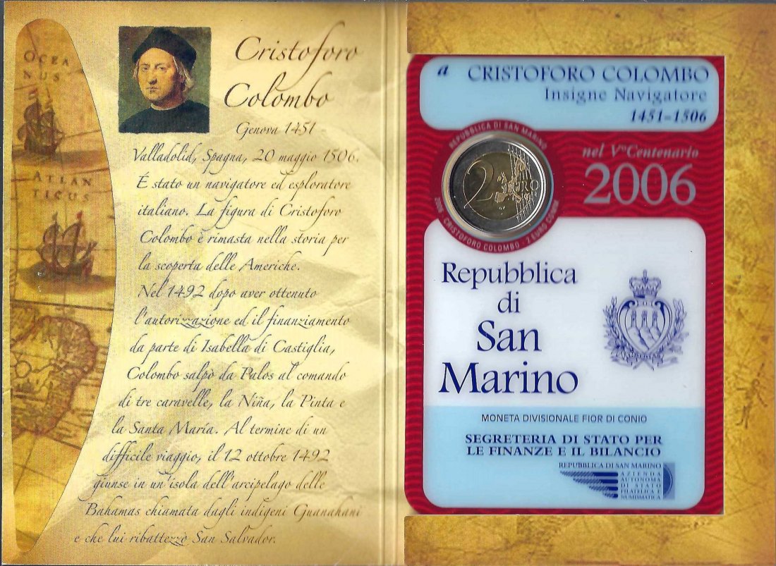  San Marino 2 Euro Gedenkmünze 2006 Christoph Columbus Frank Maurer Koblenz AF744   