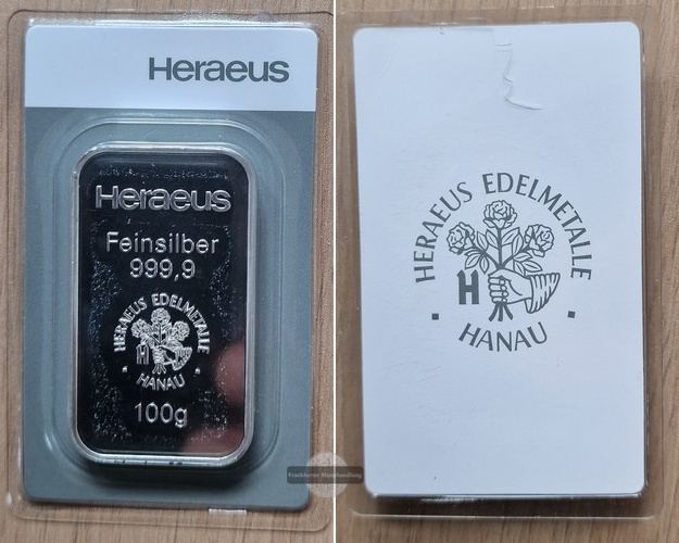  Deutschland. Silberbarren 100g Heraeus  FM-Frankfurt   Feinsilber: 100g   