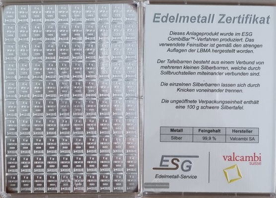  Deutschland/Schweiz. Kombi-Silberbarren zu 100 x 1g ESG/Valcambi FM-Frankfurt  Feinsilber: 100g   