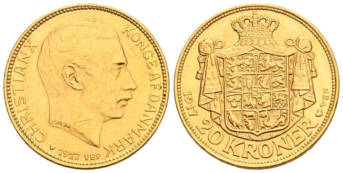 PEUS 1558 Dänemark 8,06 g Feingold. Christian X. (1912 - 1947) 20 Kronen GOLD 1917 VBP Sehr schön / Vorzüglich