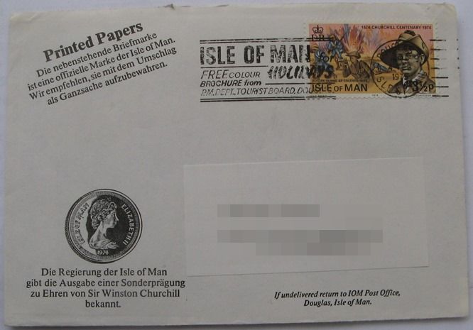  1975-Isle of Man-ein Briefumschlag mit Mi:IM 48 (Sir Winston Churchill, 100. Geburtstag)   