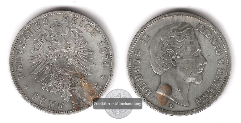  Deutsches Kaiserreich. Bayern, Ludwig II.  5 Mark  1874 D   FM-Frankfurt Feinsilber: 25g   