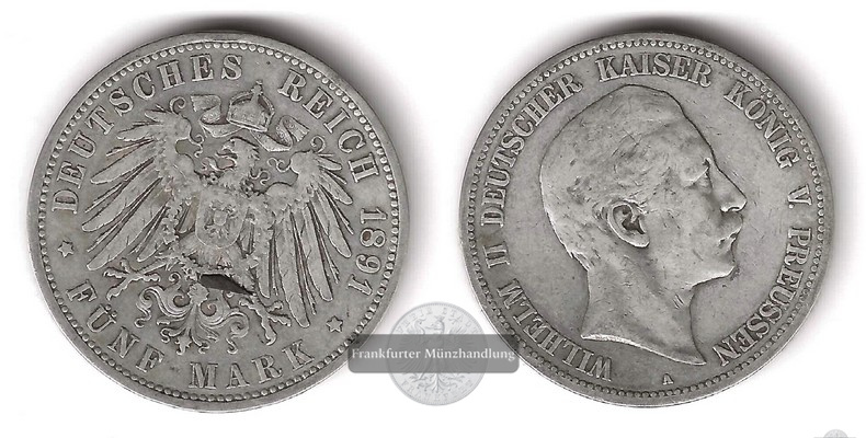  Deutsches Kaiserreich. Preussen, Wilhelm II.  5 Mark 1891 A   FM-Frankfurt  Feinsilber: 25g   