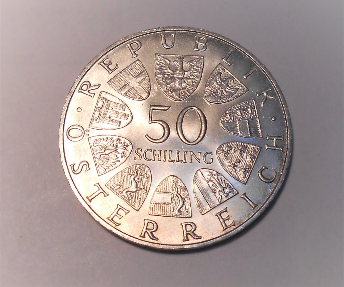  C1.°°Österreich 50 Schilling 1972, Silber 0.900, Sammlermünze 350 Jahre Universität Salzburg   